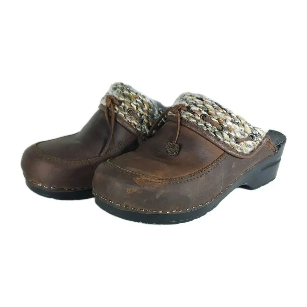 Dansko Women's Eu38 US 7-7,5 Brown Leather Sweater Knit Open Back Clogs
